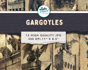 Gargoyle Junk Journal Kit, Gotische printbare pagina's, Donker Gotisch papier, Digitale download