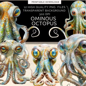 Paquete de imágenes prediseñadas de pulpo Kraken siniestro, imágenes prediseñadas de Kraken, criaturas marinas PNG, animales góticos, uso comercial, materiales para collage, fabricación de tarjetas