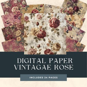 Verwitterte Vintage Rosen Muster, Digitales Papier, Scrapbook Papier, Collagen Hintergründe, Grunge Tapete, verwitterte Tapete