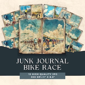 Pagine di diario Bike Junk, carte digitali vintage, carta shabby chic, pista ciclabile, immagini di alta qualità, download immediato, album di ritagli di ciclismo