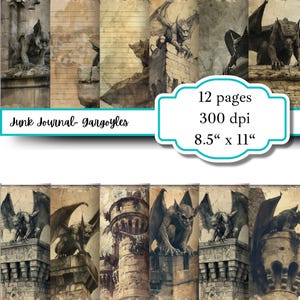 Diario Gargoyle Junk / Carta per scrapbooking di creature mitologiche / Pagine stampabili gotiche vintage / Effimere fantasy / Scrapbook fantasy oscuro