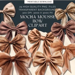 Mocha Mousse Bow Clipart,  Coquette bows PNG, Cottagecore Aesthetic, Watercolor Aesthetic Illustration, Neutral Junk Journal Stickers