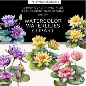 Aquarel waterlelie, lotusbloesem clipart, Japanse vijver clipart, waterlelie png, digitale download, bruiloft bloemen, aquarel bloemen