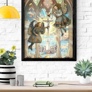 Framed retro angel print displayed above a mantle, styled interior mockup, printable Christmas angel paper dolls as wall art