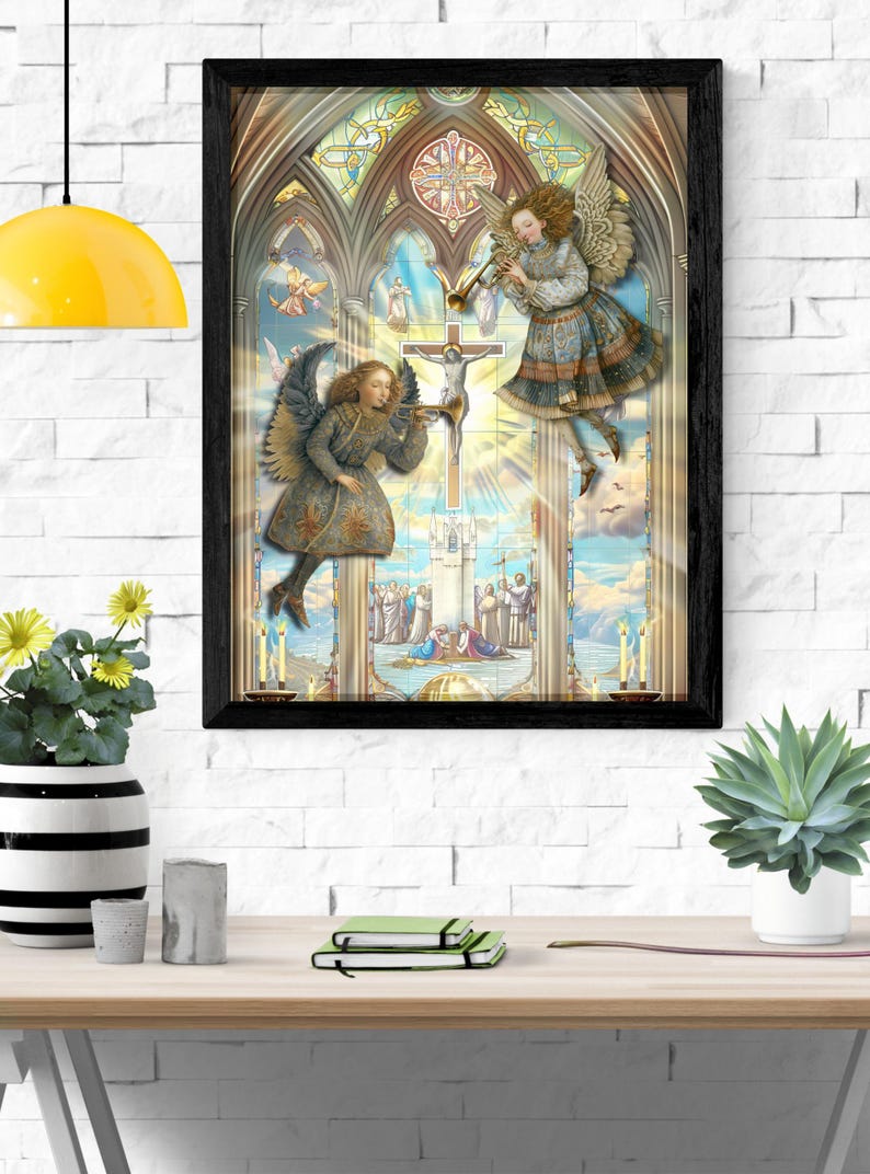 Framed retro angel print displayed above a mantle, styled interior mockup, printable Christmas angel paper dolls as wall art