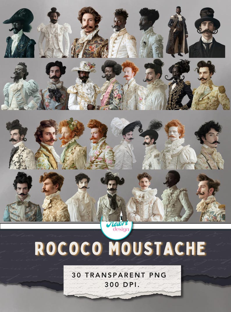 Whimsical Rococo Men Rococo Men With Moustache Clipart: 30 Transparent Pngs, 22 Page Pdf, 3 ...