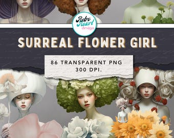 Surreal Flower Girl Clipart bundle, pastel floral PNG set, printable paperdolls PDF