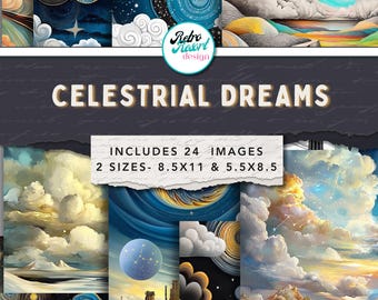 Celestial Junk Journal Digital Paper set, watercolor galaxy, vintage astronomy backgrounds