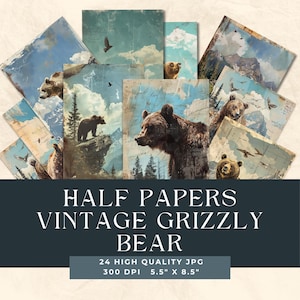 Orso grizzly Half Paper, animali vintage del bosco, diario rustico, carte del bosco, stampe sulla fauna selvatica, scrapbooking sulla natura, carta artigianale con orsi