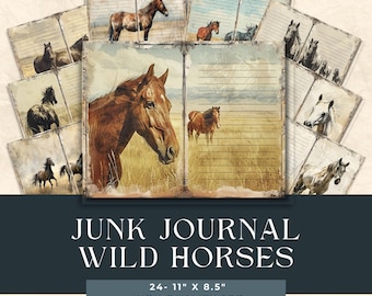 May include: A set of 24 printable junk journal pages featuring wild horses in a variety of poses. The pages are 11 inches by 8.5 inches and are high quality JPGs.