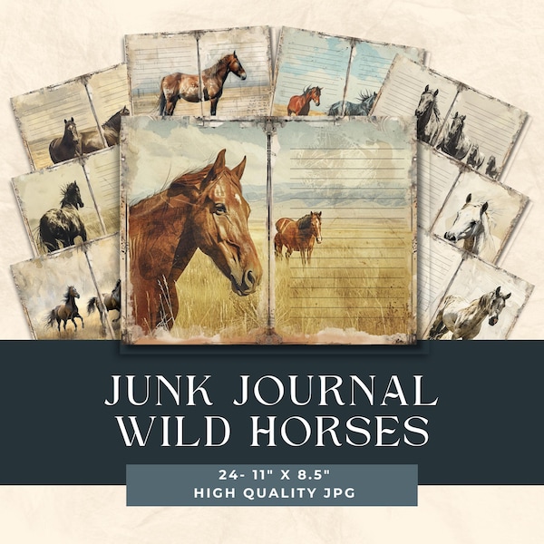 Watercolor horse junk journal pages | Horse Lovers Digital Journal | Digital | Horse Junk Journal | wild Horse Digital Download | Montana