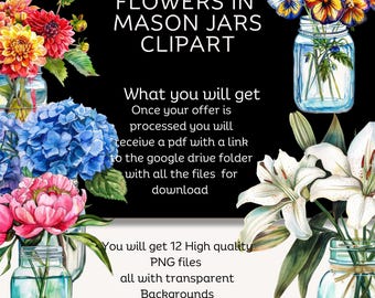 Floral Mason Jar Clipart, Watercolor Flowers PNG (Digital Download)