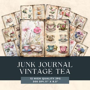 Vintage theeafvaldagboek, afdrukbare Victoriaanse pagina's, digitaal theedagboek, theetijdplakboek, vintage roze rozen collage, shabby chic papier
