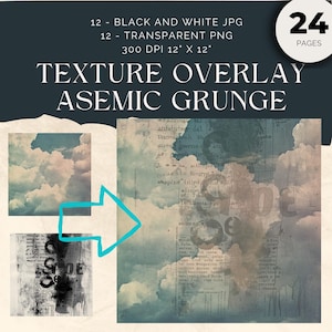 Op de afbeelding: Digitale kunst met een getextureerde overlay en een grunge esthetiek. Het ontwerp bevat wolkenbeelden, vintage papieren texturen en het woord "SODE". De afbeelding is 30,48 cm x 30,48 cm bij 300 DPI, met 24 pagina's.