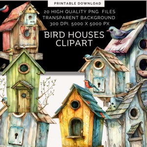 Shabby Chic Bird Houses Clipart, Watercolor Birdhouse Clip Art, Watercolor Clipart, Fine art collage,  Bird Wall Art, Printable Watercolor