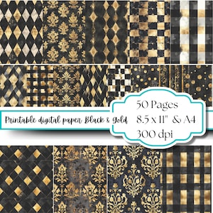 Papier élégant noir et or | 50 feuilles | Méga lot | motif damassé, rayures, pois, fleur de lys | Texture vieillie | Papier numérique A4