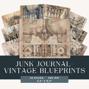 Vintage blauwdruk ongewenste dagboekpagina's, digitale plakboekkit, afdrukbaar collagevel, antieke ephemera, Victoriaanse huisplannen