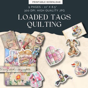 Colcha de retalhos com etiqueta carregada, itens de diário para impressão, bolso carregado, colcha vintage shabby chic, colagem floral, enfeites de papel