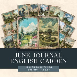 Carnet de notes de jardin anglais victorien, collage de fleurs à imprimer, arrière-plan, papier journal nature, jardins avec de belles fleurs, topiaire