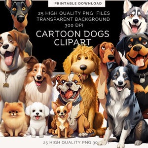 Cartoon dog clipart bundle | high resolution png |  25 Dog breeds  | dog mom gifts | scrapbooking collage supplies | dog lovers graphics