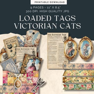 Étiquette chargée chat victorien, éphémères imprimables de journal indésirable, pochette chargée chat, étiquettes vintage shabby chic, collage chat, embellissements en papier