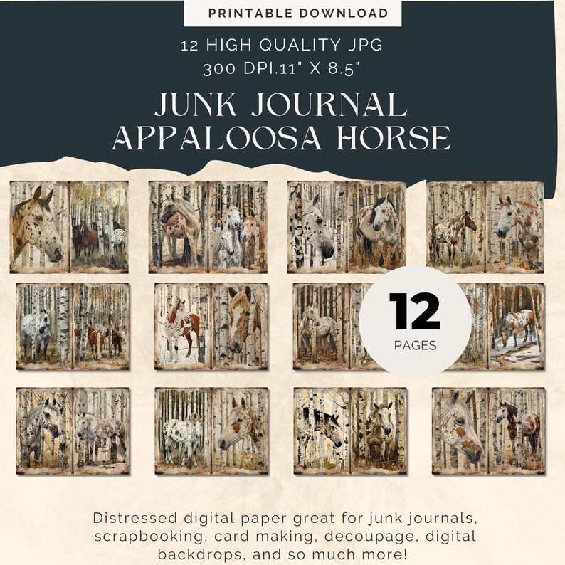 Horse Junk Journal Pages, appaloose horse journal, Animal Printable Scrapbooking Pages, Vintage Junk Journal, Farm Ephemera, commercial use