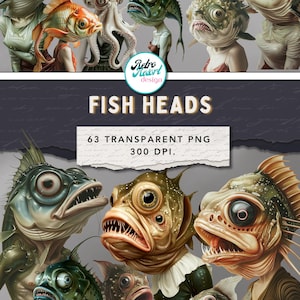 May include: Digital art print featuring a collection of anthropomorphic fish heads with human-like bodies. The image includes various fish species, such as sharks, goldfish, and pufferfish, with detailed textures and colors. Text on the image reads "FISH HEADS" and "63 TRANSPARENT PNG 300 DPI."