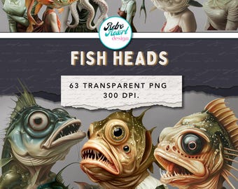 Surrealistisk uppsättning av fiskhuvud Clipart Png, estetiskt nyckfullt illustrationskonstverk, mystiskt grafikpaket