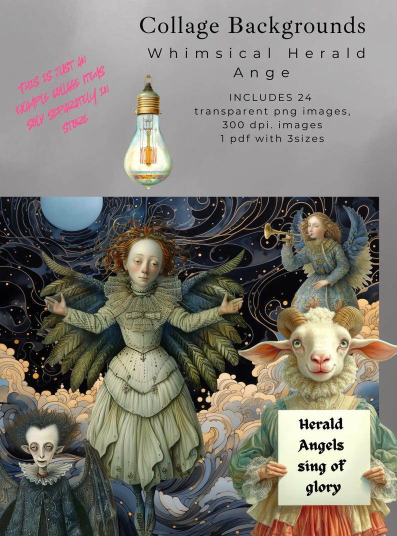 Moody collage backgrounds and night sky vignette, coordinating journal papers, printable Christmas angel paper dolls for junk journals