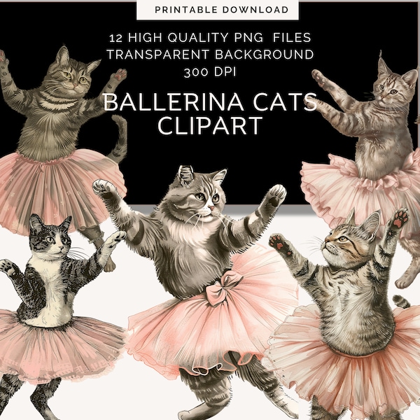 Ballerina Cat Clipart | quirky cat Clipart |Ballet Cats In Tutu Dress | Cute Ballet PNG, Nursery PNG, Commercial Use | Junk journal Clipart