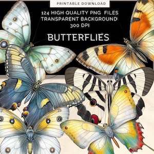 Bundle de 125 cliparts papillon, papillons fantaisie, téléchargement numérique, png transparent, collage artisanal en papier, 3 tailles de coupe soignée, journal indésirable