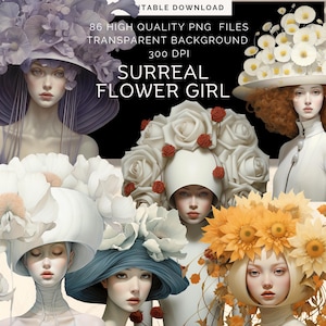 Niñas de las flores surrealistas, 86 rostros de damas adornados con flores, diarios basura, arte digital, suministros para scrapbooking digital, decoración de Pascua, creación de tarjetas