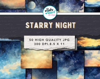 Starry Night Digital Paper, Rustic Galaxy Paper, Sepia Collage Pages Digital Download