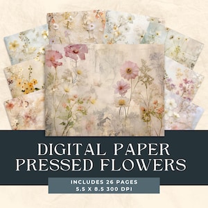 Papier numérique pressé de fleurs sauvages, plantes botaniques vintage romantiques, herbier, papier de découpage de fleurs, fond de collage, arrière-plans éthérés