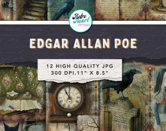 May include: A collage featuring illustrations with an Edgar Allan Poe theme. The images include a raven, a clock, a black cat, a rose, and a human heart. The text "EDGAR ALLAN POE" is displayed, along with "12 HIGH QUALITY JPG 300 DPI. 11" X 8.5".