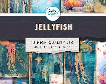 Jellyfish Junk Journal Pages, 12 jpg, hoge resolutie pdf van 12 pagina's (digitale download)