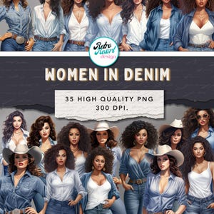 35 Denim girl clipart: Curvy girl png,  Fashion girl,  African American women, commercial use, digital download, pdf, jpg