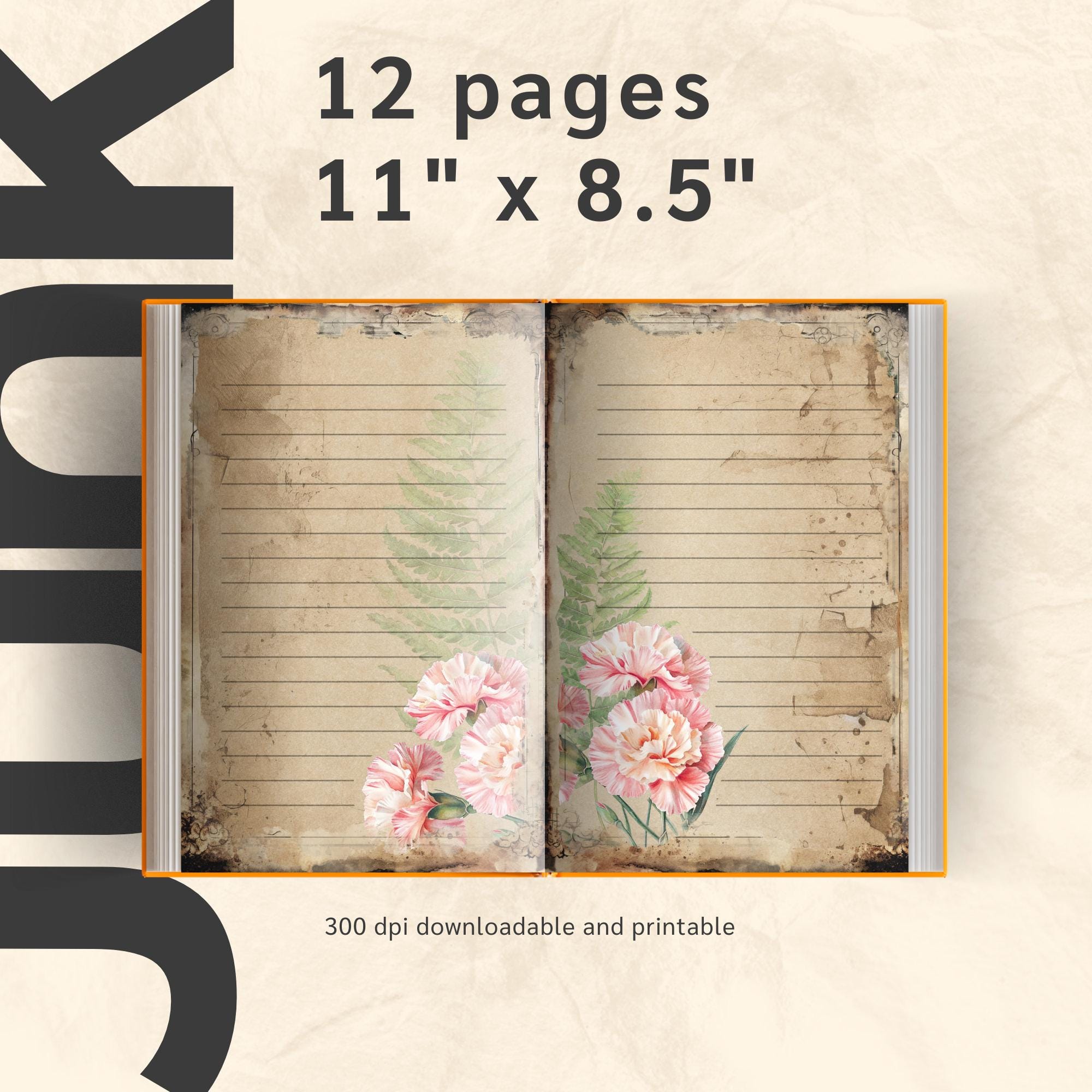 ピンクのカーネーションの罫線入りジャンクジャーナル ダブルページ