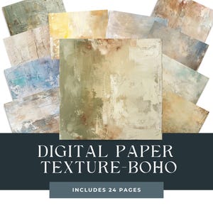 Puede incluir: Un conjunto de 24 papeles digitales con una estética boho. Los papeles presentan una variedad de texturas y colores, incluyendo beige, marrón y azul.  Los papeles son perfectos para crear proyectos de scrapbooking digital, fondos y mucho más.  Papel digital Texture - Boho. Incluye 24 páginas.