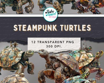 Steampunk Tutle Clipart: 12 steampunk turtle, fantasy clipart digital download, commeial use
