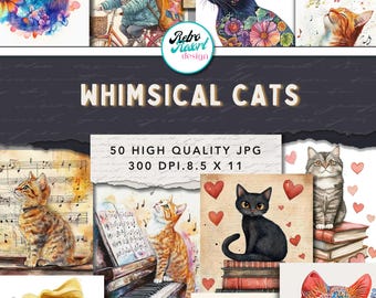 Speels kattenpapier, 50 JPG-afbeeldingen, 8,5 x 11 inch, printbare pagina's
