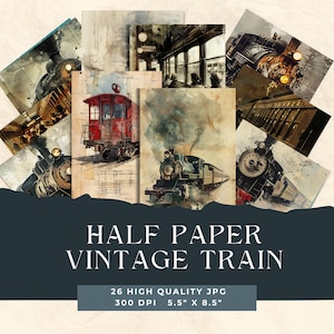 Páginas de diario basura de trenes antiguos / Papel de álbum de recortes digital / Imprimible de locomotoras / Hoja de collage / Efímeras de viaje / Fondo victoriano