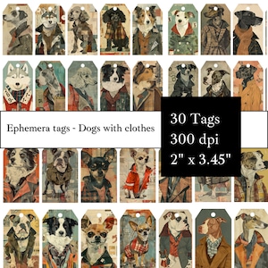 Etiquetas para cães com roupas | Etiquetas para diário de cães | Encartes para diário | Cães vintage | Para impressão | Etiquetas para presente | Suprimentos para diário de lixo vintage
