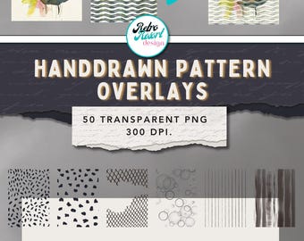 Handgetekende grunge-patroonoverlays in PNG-formaat, verweerde textuur, vintage achtergrondoverlay.