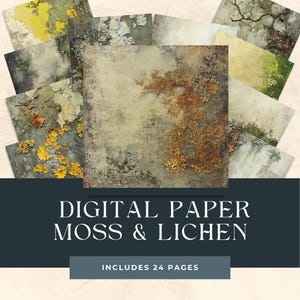 Papier numérique mousse et lichen, ensemble de papiers de scrapbooking imprimables, texture lichen, fournitures artistiques pour collage, arrière-plans collage, texture lichen