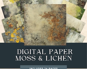Moss and Lichen  Digital Paper, Printable Scrapbook Paper Set, Lichen Texture, collage art supplies, collage backgrounds, lichen texture