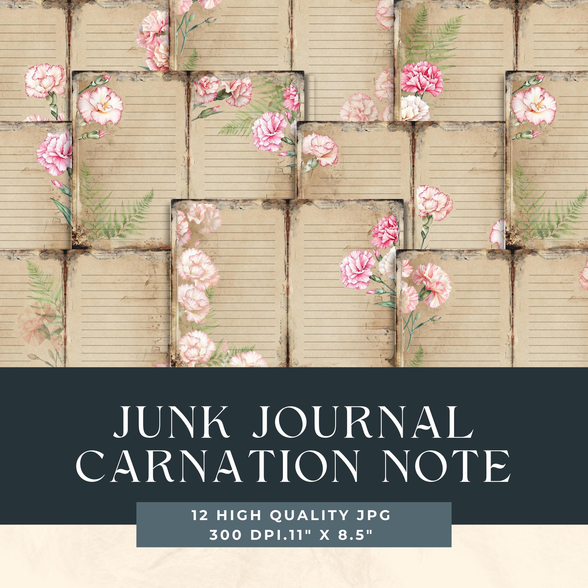 ピンクのカーネーションの罫線入りジャンクジャーナル ダブルページ