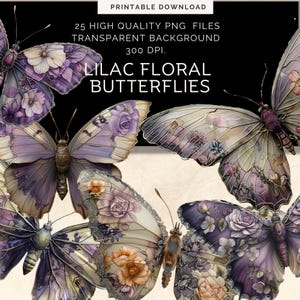 25 floral Butterfly Clipart, purple Butterfly, Wall Art, Watercolor Clipart, transparent png, fine art collage, Paper Craft Junk Journal