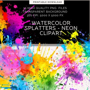 Neon Color Splash Clipart | Clipart de respingos de aquarela | Clipart abstrato | PNG | Uso comercial | Download instantâneo | Fundo de respingos