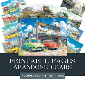 放棄された車両のデジタルペーパー | ジャンクジャーナルの背景 | 傷んだ水彩画のエフェメラ | 車のグラフィックコラージュ | グランジジャンクジャーナル
